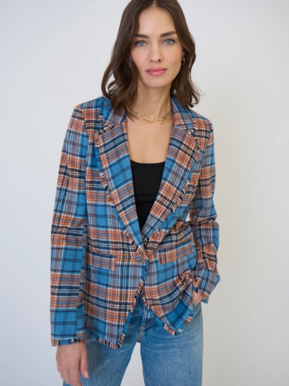 CENTRAL PARK WEST Elyse Plaid Fringe Blazer Size Small